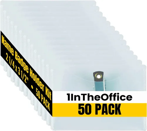 1InTheOffice Paquete de 50 portatarjetas horizontales con clip de metal, 2 1/4 x 3 1/2 pulgadas, diseño transparente, clip giratorio