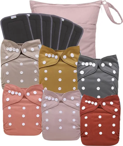 Miniatura 12 de babygoal AWJ Pañales de tela con panel abdominal, paquete de 13, 6 fundas de pañal con 6 insertos y bolsa seca para humedad, ajustables, lavables
