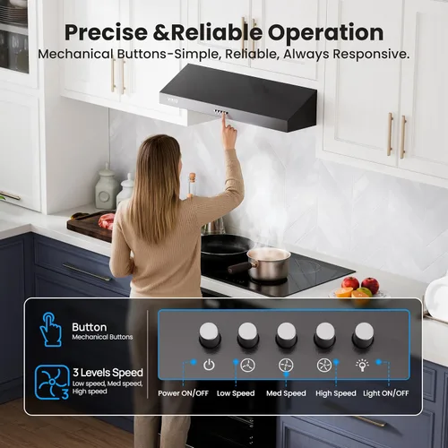 Miniatura 4 de VIKIO HOME Campana extractora para debajo del gabinete de 30 pulgadas, ventilación de cocina de doble motor de 580 CFM con luces LED, control