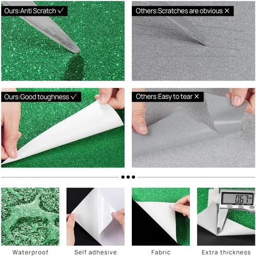 Miniatura 6 de FunStick 15.8"x240" Papel pintado de purpurina verde irlandés autoadhesivo de despegar y pegar Papel de contacto con purpurina verde impermeable