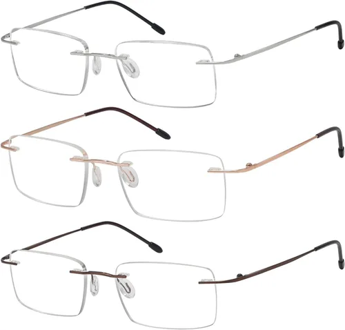 Miniatura 14 de Eyekepper Paquete de 3 lentes de lectura de metal sin montura para hombres, lectores rectangulares sin marco (negro/azul/plomizo)+0.00
