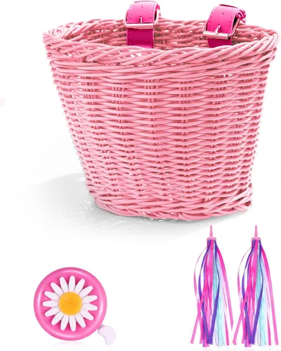 Miniatura 9 de Hestya Juego de cestas de bicicleta para niños, cesta de mimbre, cesta de bicicleta para manillar para niñas con 2 luces LED para ruedas
