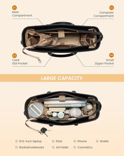 Miniatura 6 de LOVEVOOK Bolsa de mano para computadora portátil para mujer, bolsas de trabajo de cuero de 15.6 pulgadas con soporte grande para tazas para Negro