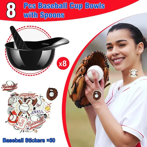 Miniatura 3 de MEEZY Juego de 16 cuencos de helado con diseño de casco de béisbol con 8 mini tazas de postre y 8 cucharas, 8 onzas. Cuencos reutilizables
