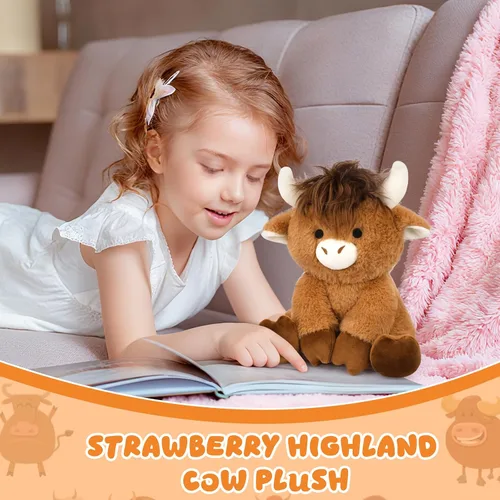 Miniatura 6 de Highland Cow - Animal de peluche esponjoso de 8 pulgadas con pelo elegante, juguete suave de peluche Kawaii abrazable de vaca para niños, niños