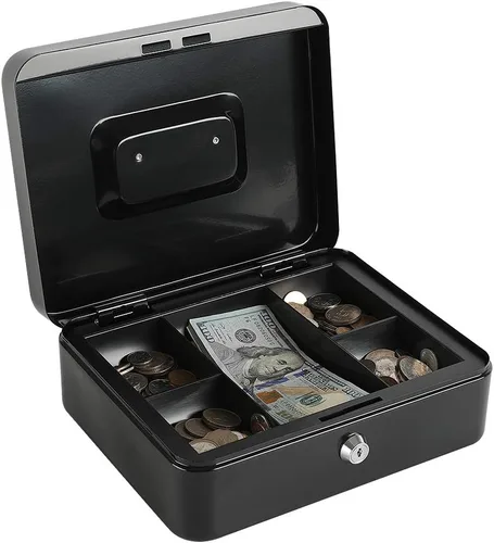 xydled caja grande de acero con seguro con bandeja extraíble para monedas y cerradura de llave, 9.84" x 7.87" x 3.54", color negro