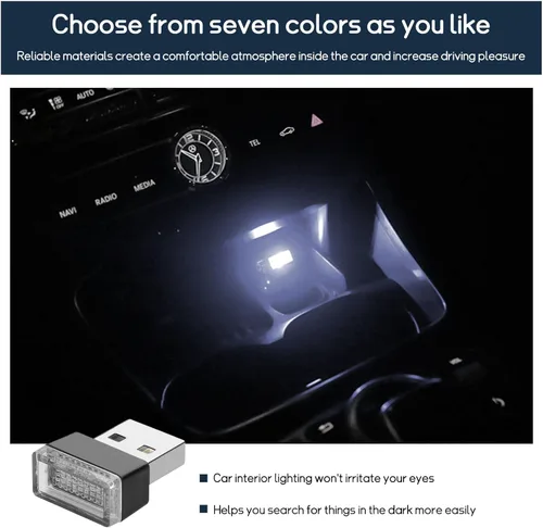 Miniatura 4 de Dickno 7 PCS Lámpara de Ambiente Interior de Coche LED USB, Mini Luz Nocturna LED Portátil, Kit de Iluminación Ambiental de Maletero con Interfaz