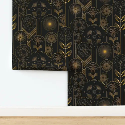 Miniatura 4 de Spoonflower Papel tapiz para despegar y pegar, diseño de flores Art Deco de los años 20, flores negras, geométricas, oscuras, papel tapiz extraíble