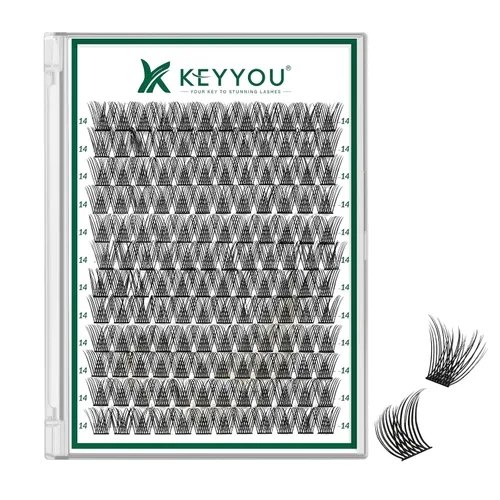 Miniatura 40 de KEYYOU Racimos de pestañas, 96 piezas de extensiones de pestañas DIY, rizado D de 16 mm, negro, realista, no irritante, fácil de colocar en casa