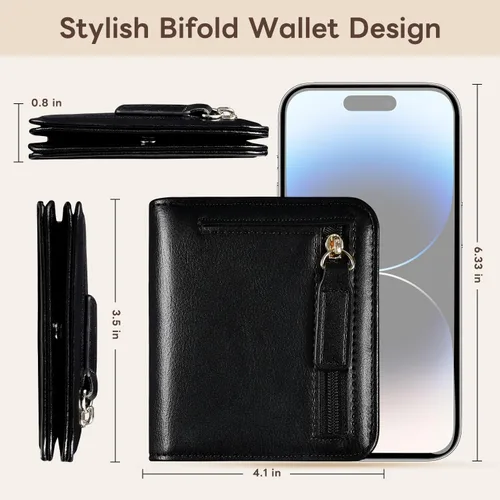 Miniatura 5 de Cartera pequeña para mujer, con bloqueo RFID, de cuero, plegable, compacta, tarjetero para mujer, con cremallera, bolsillo para monedas, ventana