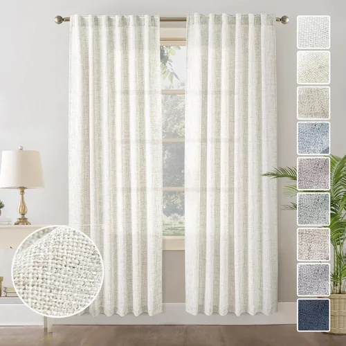 Miniatura 64 de Cortinas de lino 92 pulgadas de largo, juego de 2 paneles con bolsillo para barra, lengüeta trasera, cortinas transparentes para ventanas