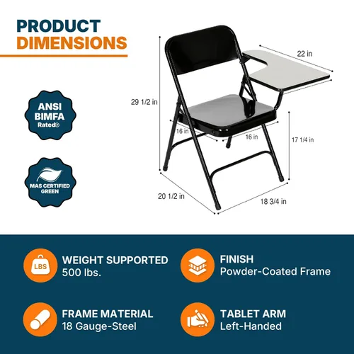 Miniatura 3 de OEF Furnishings OEF5200 Series Sillas plegables resistentes con brazo para tableta, marco de acero, superficie de escritura, soportes dobles