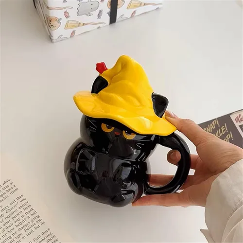 Miniatura 6 de Taza de café de cerámica, diseño de gato negro, hecho a mano, con sombrero de mago, tapa, asa, oficina, hogar, chocolate caliente con leche, regalos