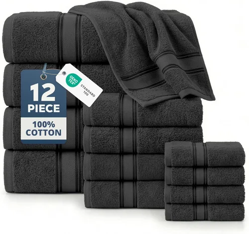Miniatura 29 de Lane Linen Juego de 4 toallas de baño de 100 % algodón (35 x 66 pulgadas), juego de toallas de baño extragrandes de algodón sin torsión, secado Gris