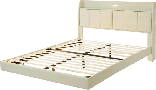 Miniatura 6 de Base de cama flotante de tamaño Queen, con luces LED de ambiente y carga USB, base de cama LED moderna tapizada de poliuretano con plataforma LED