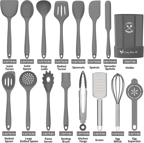 Miniatura 7 de Deedro - Juego de utensilios de cocina de silicona, 16 piezas de utensilios de cocina de silicona, resistentes al calor, con soporte, espátula Gris