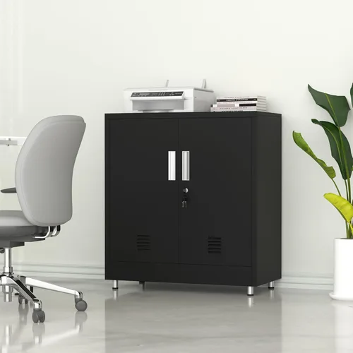 Miniatura 9 de Armario de almacenamiento de metal con puertas de bloqueo y estante ajustable, pequeño aparador con cerradura para el hogar, oficina, entrada, Negro
