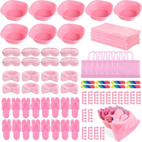 Kit de spa de pies para niñas, 64 piezas, para fiesta de spa con lavabo rosa, kit de uñas para manicura, fiesta de pijamadas para los más pequeños,