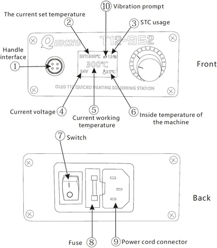Miniatura 5 de QUICKO Estación de soldador T12 Pantalla OLED Controlador de temperatura de soldadura electrónica Puntas de hierro Manija Caja de aleación