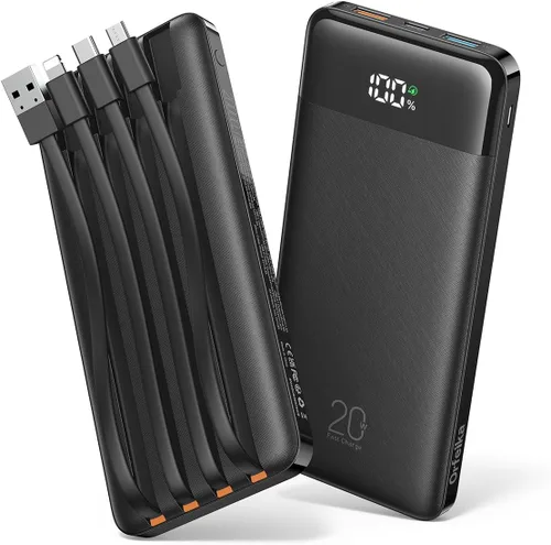 Miniatura 13 de Orfeika Banco de Energía 20000mAh de Carga Rápida, Cargador Portátil con 4 Cables Integrados y 6 Salidas, Paquete de Batería USB C PD de 20W Lavanda
