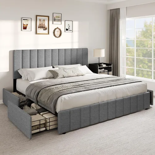 Miniatura 9 de YITAHOME Base de cama tamaño Queen, plataforma tapizada de terciopelo con cabecero, cama de nube suave con estribo, esquinas redondeadas, fácil Negro