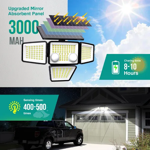 Miniatura 3 de LYWALT Luces solares para exteriores – 3000 lm, 188 luces LED con sensor de movimiento, 4 cabezales IP65, luces de inundación de seguridad