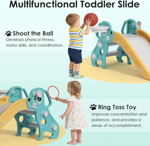 Miniatura 3 de BIERUM Tobogán 4 en 1 para niños pequeños, tobogán infantil para patio de juegos interior y exterior, toboganes con aro de baloncesto y lanzamiento