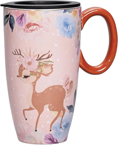 Miniatura 8 de Taza de viaje de cerámica con tapa, tazas de café altas con asa, taza de café y té de porcelana, bonito diseño de erizo, regalos de cumpleaños