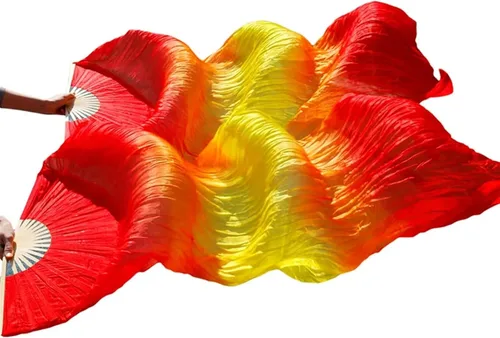 Miniatura 8 de 1 par (izquierdo + derecho) de abanicos de seda artificial de bambú para danza del vientre, abanicos de tela coloridos para danza, abanicos largos