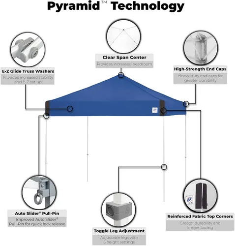 Miniatura 4 de E-Z UP Pyramid Toldo de Refugio Instantáneo Carpa Desplegable, 10' x 10' con Bolsa Rodante Wide-Trax y Juego de 4 Estacas, Azul Real