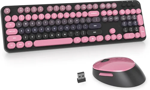 Miniatura 20 de Teclado y mouse azules, bonito combo de teclado y mouse inalámbricos, teclado de máquina de escribir de tamaño completo con teclado numérico, azul