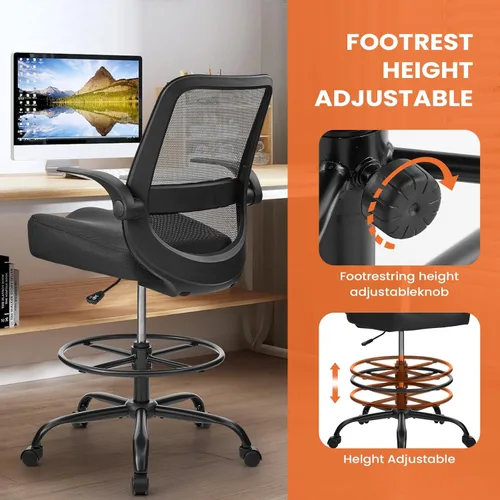 Miniatura 8 de Silla de dibujo para escritorios de pie, silla de oficina alta de 500 libras con altura ajustable, anillo para el pie, reposabrazos abatibles, Negro