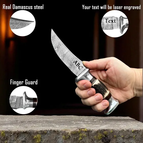 Miniatura 2 de Cuchillo de caza de Damasco con funda de cuero, cuchillos de caza de hoja fija para hombres con mango de asta de ciervo - Cuchillos de regalo