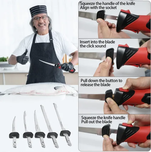 Miniatura 5 de Cuchillo de filete eléctrico inalámbrico, con 5 cuchillas recíprocas antiadherentes recubiertas de nitruro de Ti-Nitruro SS y agujero