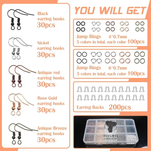 Miniatura 3 de TOAOB - Juego de 150 ganchos hipoalergénicos para aretes de colores mezclados, con 1000 anillos abiertos, 200 piezas de aros para hacer joyas