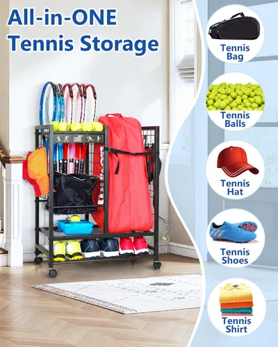 Miniatura 2 de Mythinglogic Estante de almacenamiento para bolsas de tenis, raqueta de tenis y organizador de pelotas, soporte para equipo de tenis para garaje