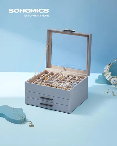 Miniatura 7 de SONGMICS Joyero con tapa de vidrio, organizador de joyas de 3 capas, 2 cajones, para joyas grandes y pequeñas, almacenamiento de joyas