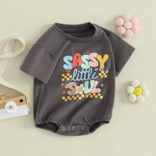 Miniatura 6 de Mameluco de manga corta para bebé recién nacido, niña y niño, con estampado de letras