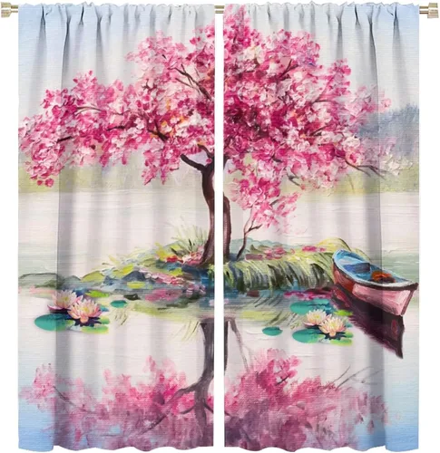 Miniatura 43 de Cortinas opacas con diseño floral de galaxia azul abstracta para dormitorio, cortinas de ventana de teñido anudado con diseño de flor de cerezo