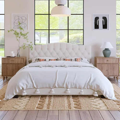 Miniatura 10 de DSHADE Base de cama Queen con plataforma tapizada de lino moderno, base de cama de madera maciza beige con cabecero, detalles capitoné de diamante