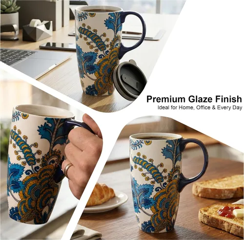 Miniatura 4 de Topadorn Taza de café de cerámica de 17 onzas, taza de viaje floral de cachemira azul y amarillo con tapa, apta para microondas y lavavajillas, sin