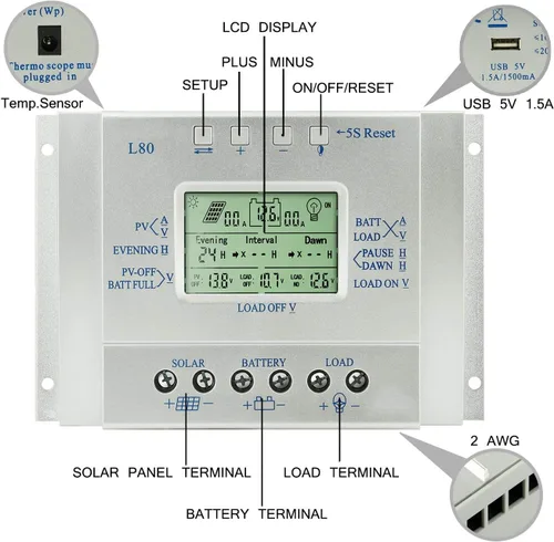 Miniatura 4 de Controlador de carga solar de 80 A, regulador de panel solar de 80 amperios con temporizador de carga, 12 V 24 V automático con pantalla LCD USB 5 V