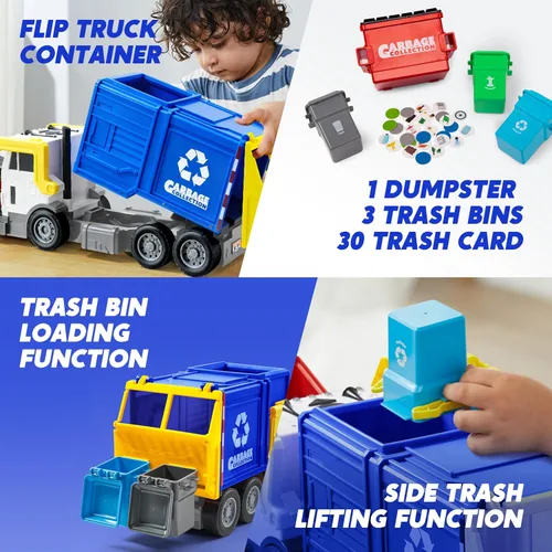 Miniatura 3 de JOYIN Juego de juguetes de camión de basura de fricción grande, incluye 1 contenedor, 3 cubos de basura y 30 tarjetas de aprendizaje para niños, Azul