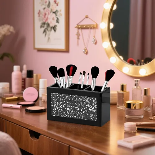 Miniatura 4 de SHYFOY Organizador Portacepillos de Maquillaje Negro, Organizador de Almacenamiento de Cepillos de Cosméticos de 3 Ranuras de Vidrio con Diamante