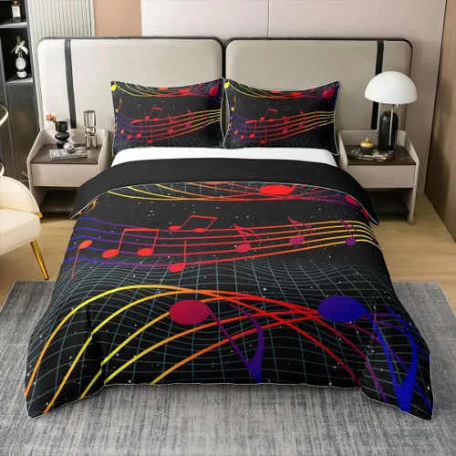 Miniatura 27 de Juego de ropa de cama tamaño King 100% algodón con notas musicales de piano y clave musical, juego de ropa de cama para niños y niñas, diseño retro