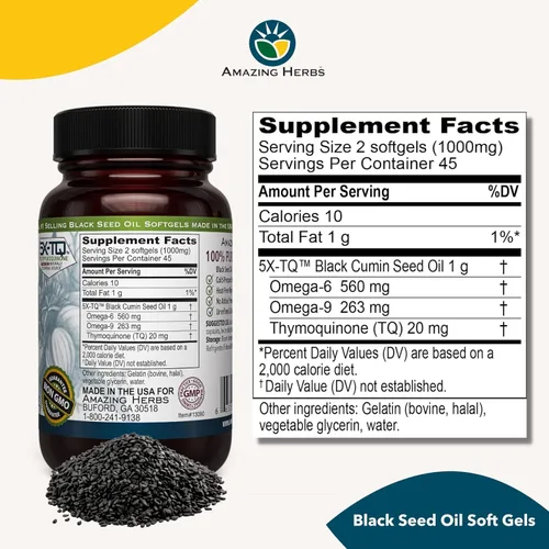 Miniatura 2 de Amazing Herbs Cápsulas Premium de Aceite de Semilla Negra - Sin Gluten, Sin OMG, Prensado en Frío Nigella Sativa Ayuda en la Salud Digestiva, Apoyo