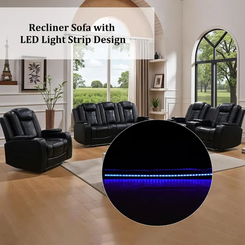 Miniatura 6 de Juego de 3 piezas para sala de estar, sofá reclinable eléctrico de cuero con puertos USB, iluminación LED y portavasos, asientos de cine en casa