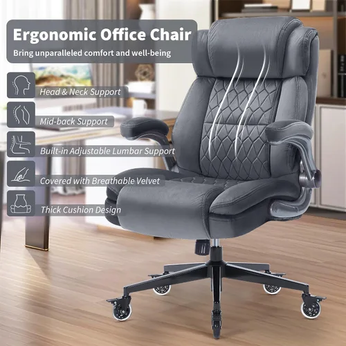Miniatura 3 de Silla de oficina de respaldo alto de tela, 400 libras, soporte lumbar integrado, brazos abatibles, ruedas de bloqueo, silla de escritorio ergonómica