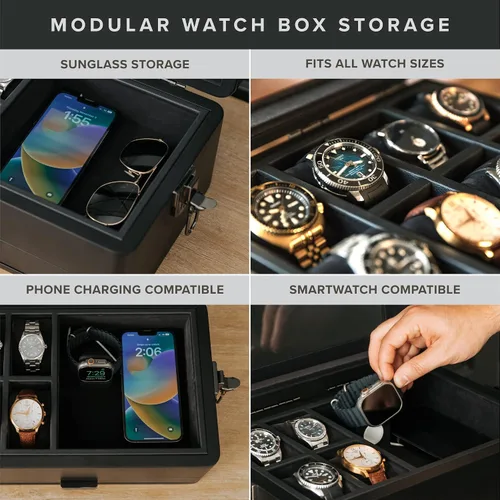 Miniatura 7 de CASE ELEGANCE Black Edition - Caja de reloj militar con 10 ranuras para hombres, parte superior de cristal real, bandeja modular de valet