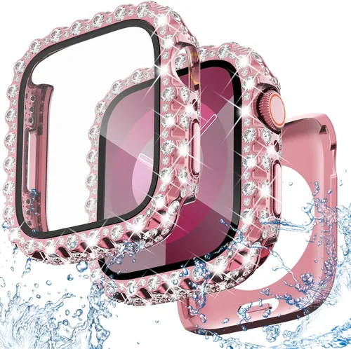 Miniatura 12 de NewWays Funda impermeable 2 en 1 de 1.772 pulgadas para Apple Watch Series 9, 8, 7, encaje completo con diamantes de imitación y purpurina para Oro